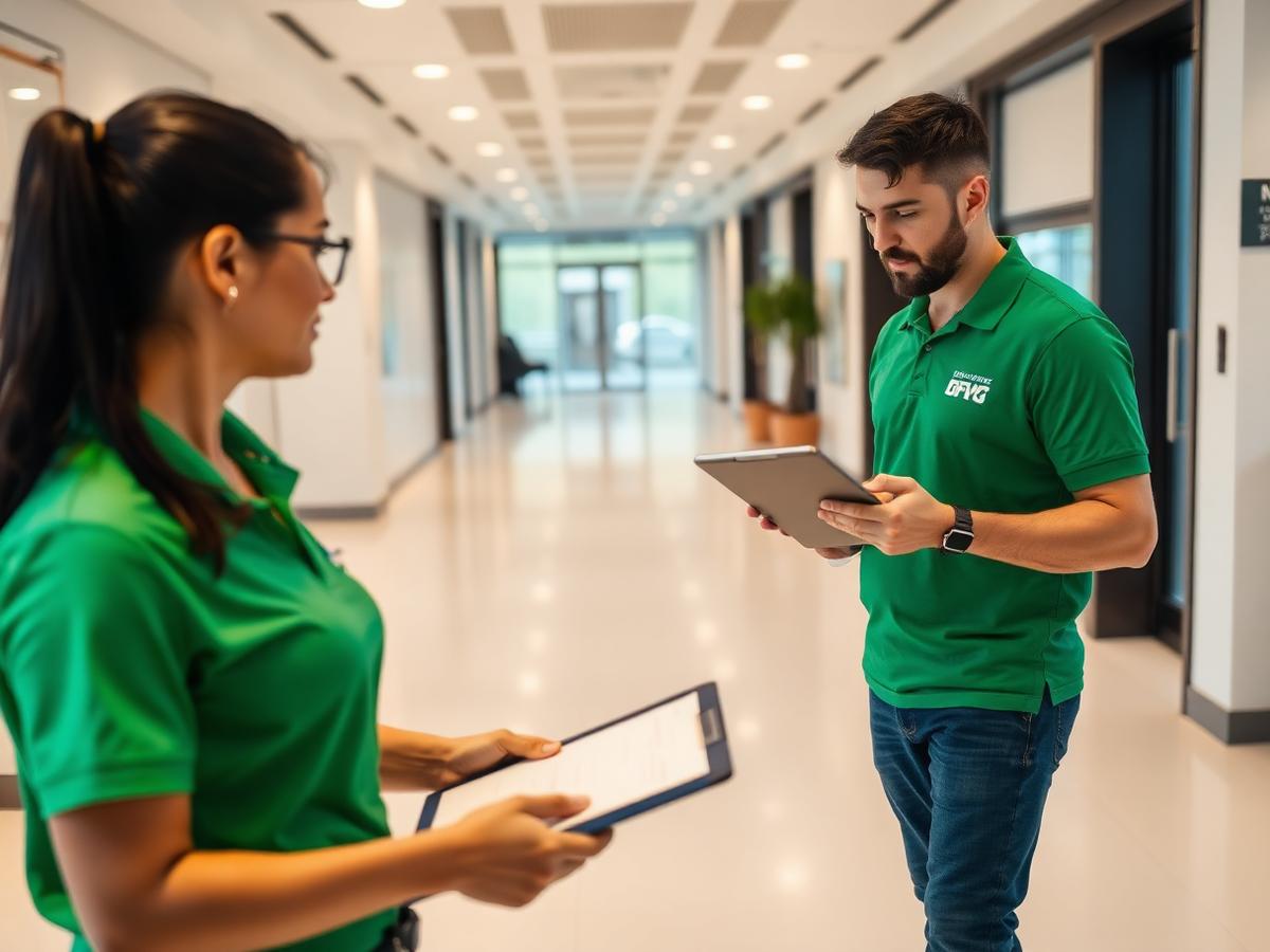 Auswide Green supervisors reviewing a site checklist in an office lobby